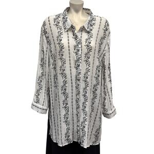 Fred David 2X Floral Print White‎ Button-Up Long Sleeve Tunic Top